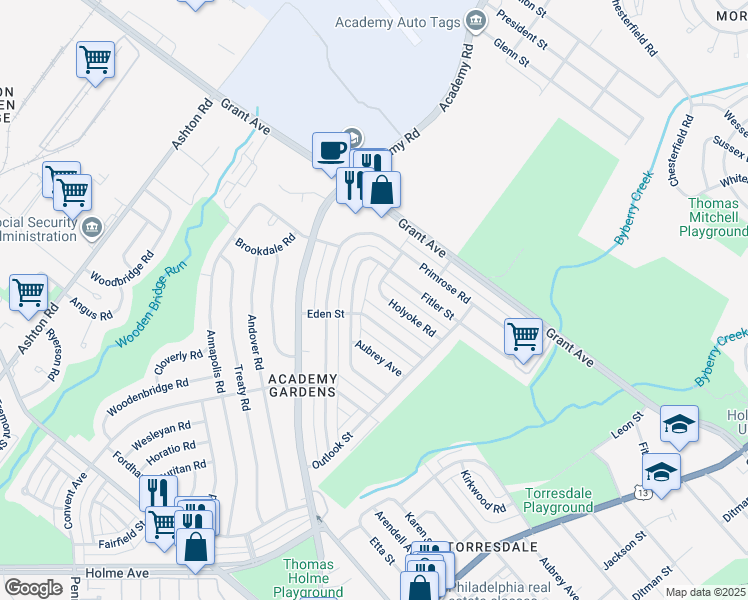 map of restaurants, bars, coffee shops, grocery stores, and more near 3406 Holyoke Road in Philadelphia