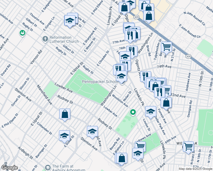 map of restaurants, bars, coffee shops, grocery stores, and more near 7428 Rugby Street in Philadelphia
