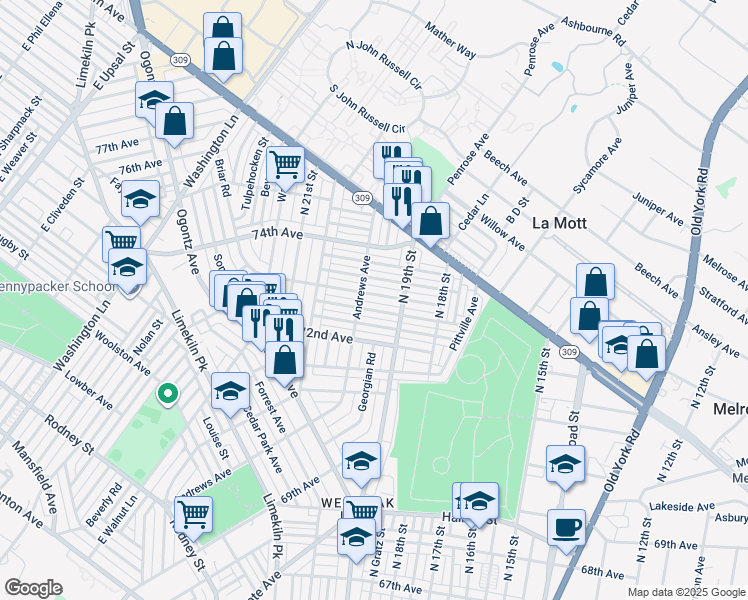 map of restaurants, bars, coffee shops, grocery stores, and more near 1932 73rd Avenue in Philadelphia