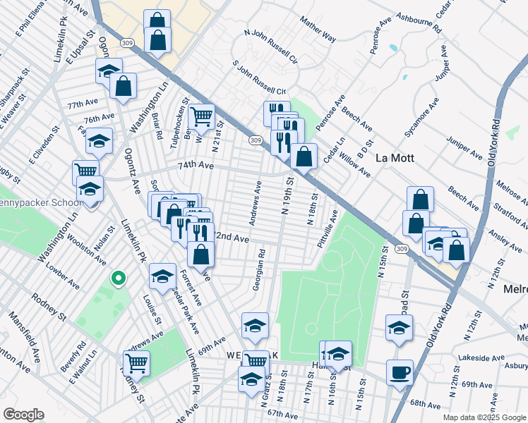 map of restaurants, bars, coffee shops, grocery stores, and more near 1932 73rd Avenue in Philadelphia