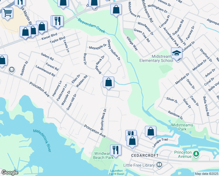 map of restaurants, bars, coffee shops, grocery stores, and more near 2 Deer Run Lane in Brick Township