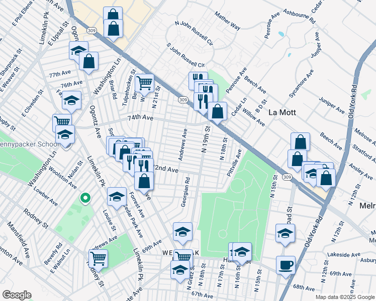 map of restaurants, bars, coffee shops, grocery stores, and more near 1934 73rd Avenue in Philadelphia