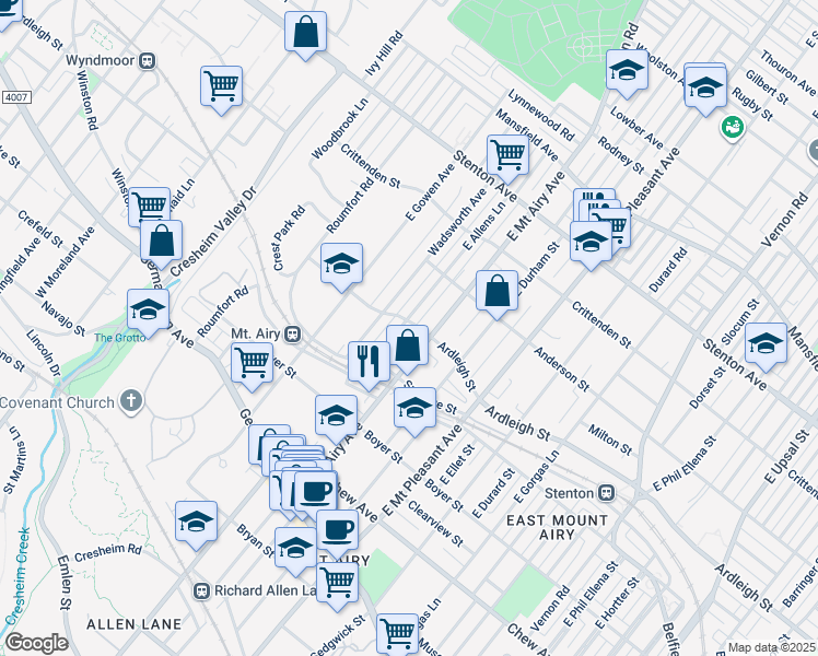 map of restaurants, bars, coffee shops, grocery stores, and more near 340 East Allens Lane in Philadelphia