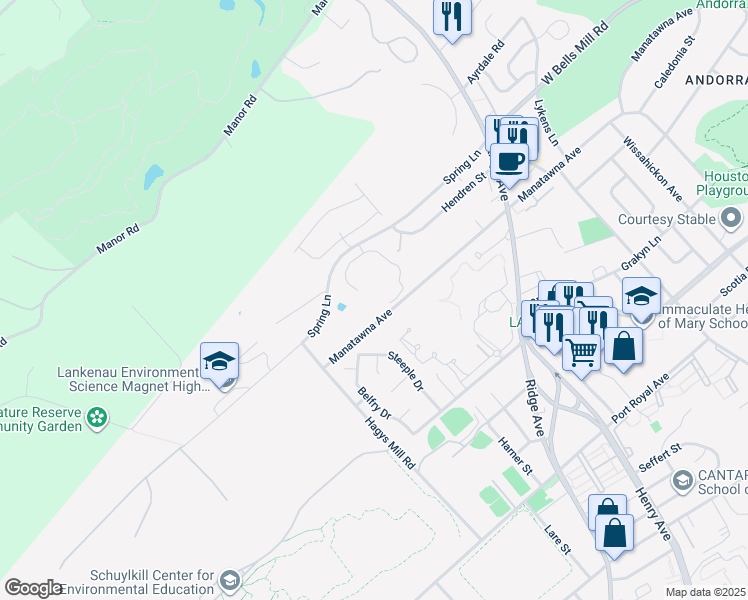map of restaurants, bars, coffee shops, grocery stores, and more near 718 Manatawna Avenue in Philadelphia