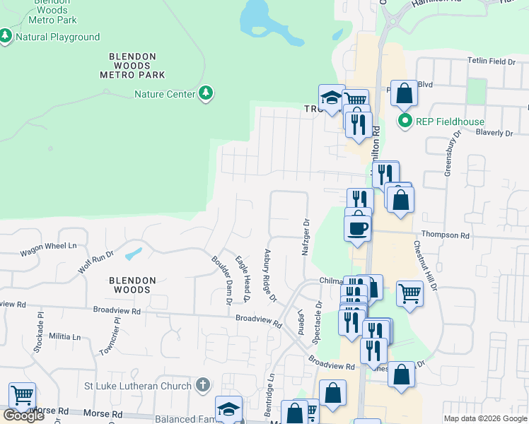map of restaurants, bars, coffee shops, grocery stores, and more near 4246 Tarben Woods Drive in Columbus