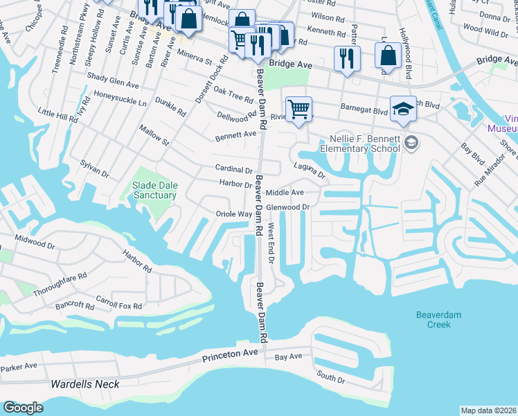map of restaurants, bars, coffee shops, grocery stores, and more near Beaver Dam Road & Glenwood Drive in Point Pleasant Beach