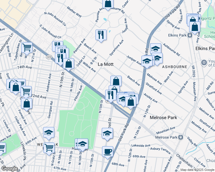 map of restaurants, bars, coffee shops, grocery stores, and more near 7327 Butcher Street in Elkins Park