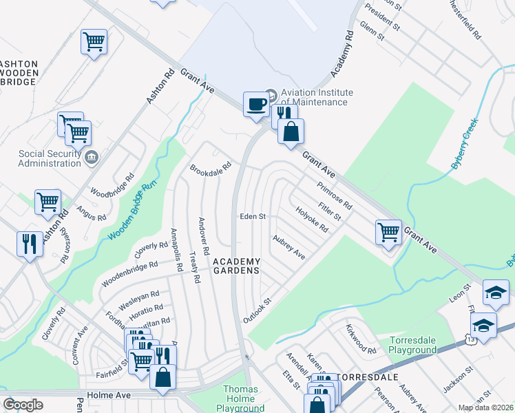 map of restaurants, bars, coffee shops, grocery stores, and more near 9400 Kirkwood Road in Philadelphia