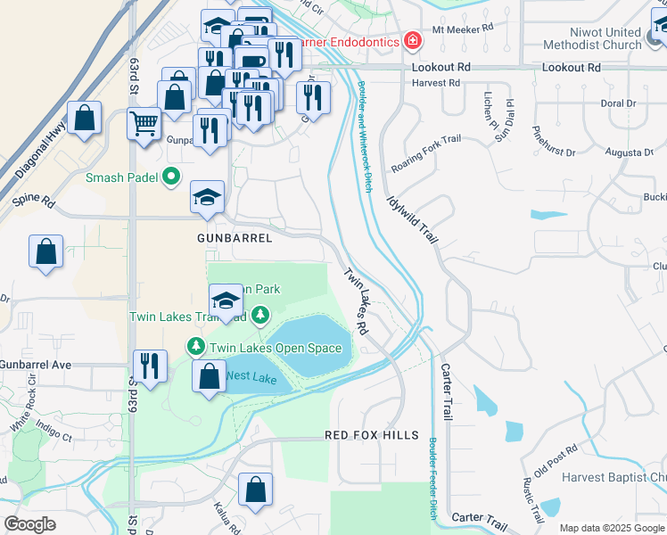 map of restaurants, bars, coffee shops, grocery stores, and more near 4955 Twin Lakes Road in Boulder