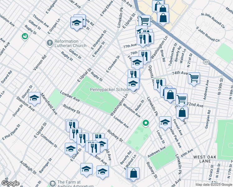 map of restaurants, bars, coffee shops, grocery stores, and more near 7430 Rugby Street in Philadelphia