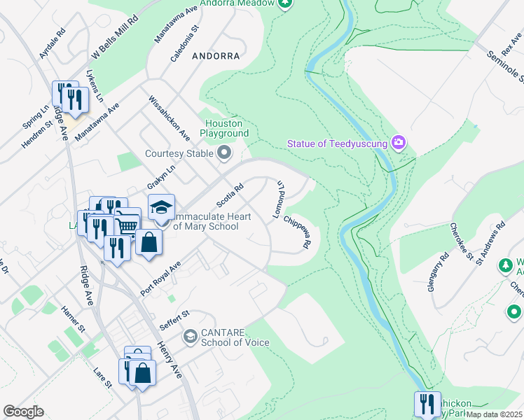 map of restaurants, bars, coffee shops, grocery stores, and more near 8521 Glen Campbell Road in Philadelphia