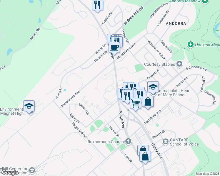 map of restaurants, bars, coffee shops, grocery stores, and more near 600 E Cathedral Rd in Philadelphia