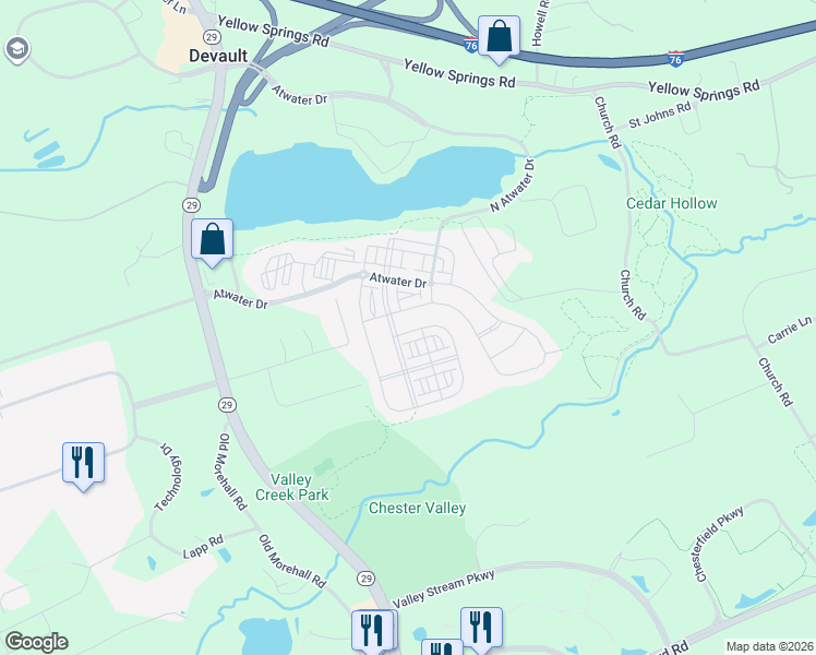 map of restaurants, bars, coffee shops, grocery stores, and more near 751 Quarry Point Road in Malvern