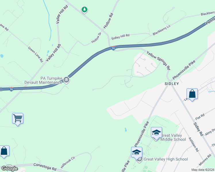 map of restaurants, bars, coffee shops, grocery stores, and more near 223 Yorktown Court in Malvern