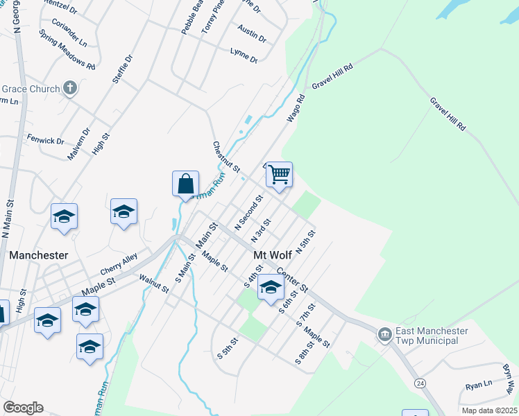 map of restaurants, bars, coffee shops, grocery stores, and more near 144 3rd Street in Mount Wolf
