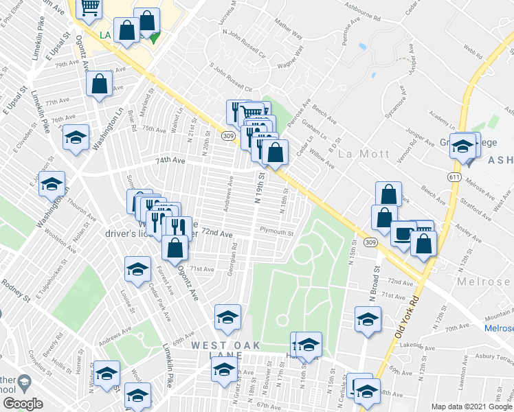 map of restaurants, bars, coffee shops, grocery stores, and more near 7300 North 19th Street in Philadelphia
