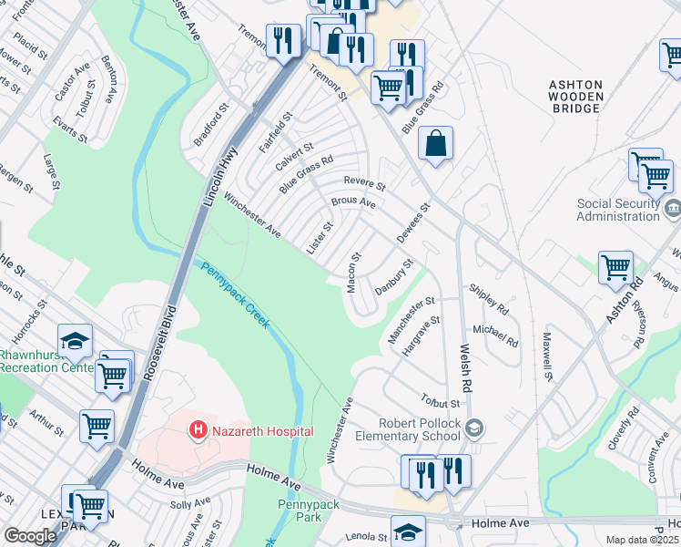 map of restaurants, bars, coffee shops, grocery stores, and more near 2586 Winchester Avenue in Philadelphia