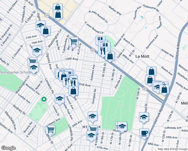 map of restaurants, bars, coffee shops, grocery stores, and more near 1942 73rd Avenue in Philadelphia