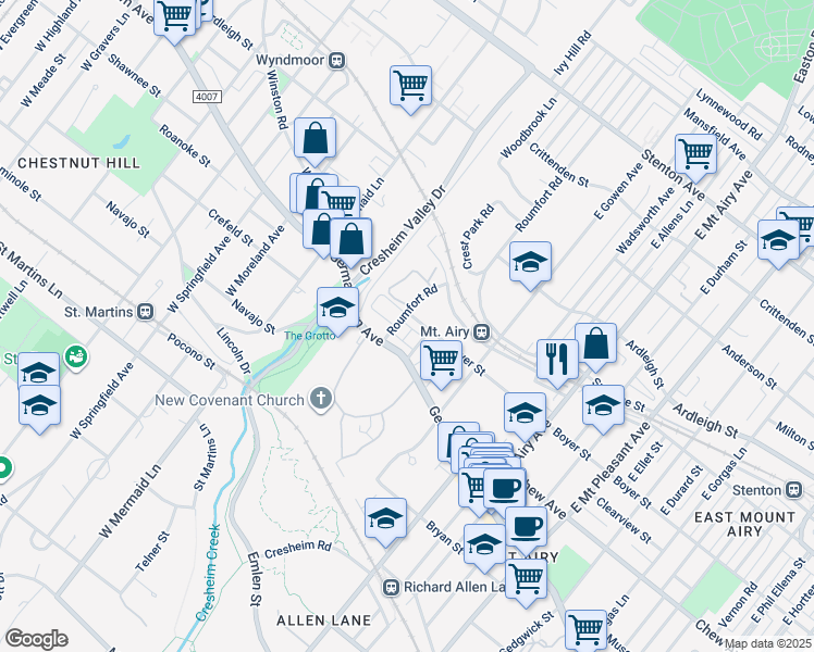 map of restaurants, bars, coffee shops, grocery stores, and more near 34 Roumfort Road in Philadelphia