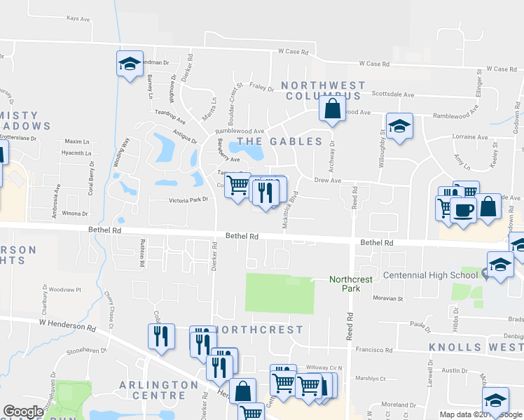 map of restaurants, bars, coffee shops, grocery stores, and more near 2054 Crown Plaza Drive in Columbus