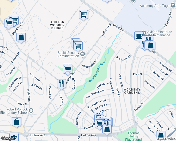 map of restaurants, bars, coffee shops, grocery stores, and more near 2875 Angus Road in Philadelphia