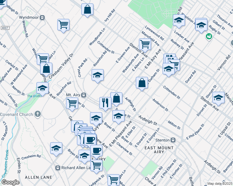 map of restaurants, bars, coffee shops, grocery stores, and more near 340 East Allens Lane in Philadelphia