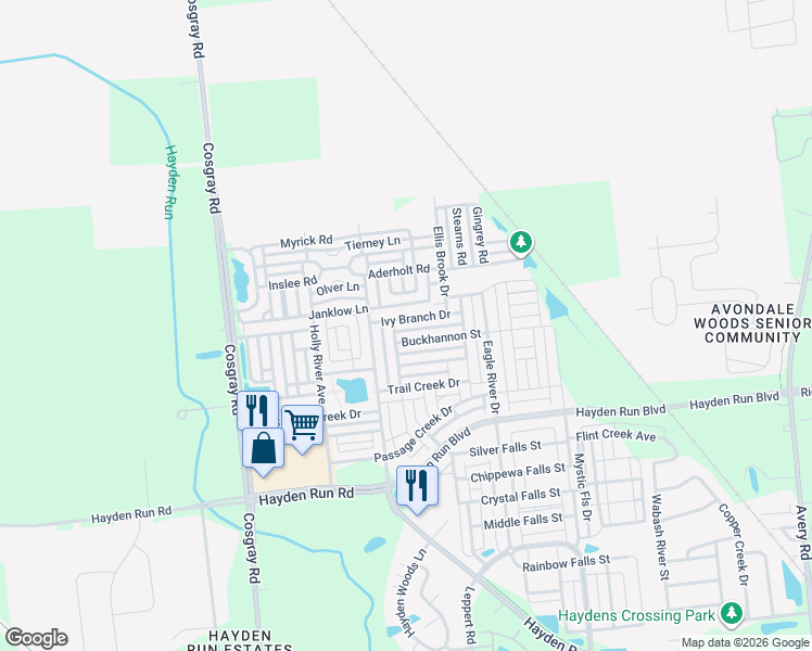 map of restaurants, bars, coffee shops, grocery stores, and more near 5573 Goose Falls Drive in Dublin