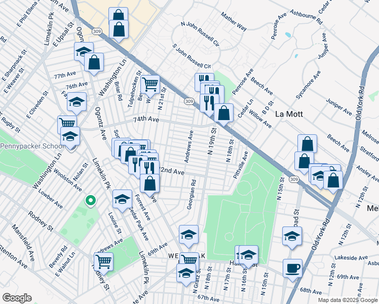 map of restaurants, bars, coffee shops, grocery stores, and more near 1948 73rd Avenue in Philadelphia