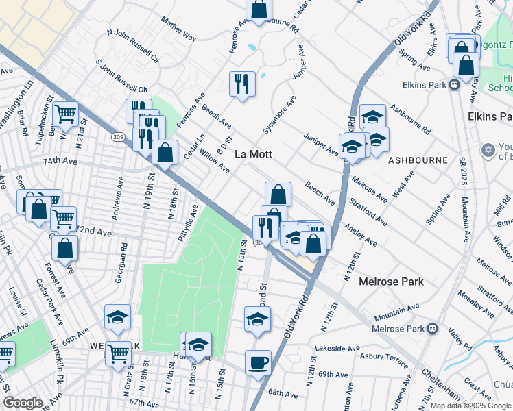 map of restaurants, bars, coffee shops, grocery stores, and more near 7327 Butcher Street in Elkins Park