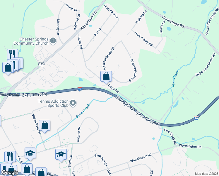 map of restaurants, bars, coffee shops, grocery stores, and more near 404 Holly Tree Court in Chester Springs