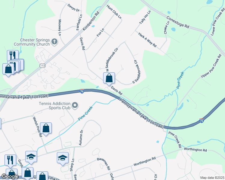 map of restaurants, bars, coffee shops, grocery stores, and more near 404 Holly Tree Court in Chester Springs