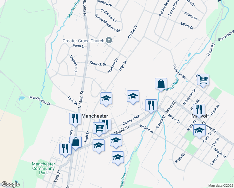 map of restaurants, bars, coffee shops, grocery stores, and more near 300 High Street in Manchester