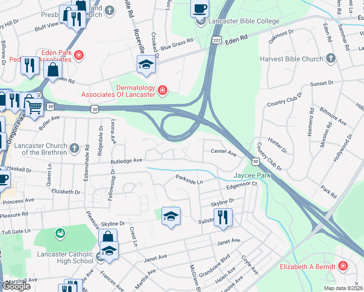 map of restaurants, bars, coffee shops, grocery stores, and more near 105 Delancy Place in Lancaster