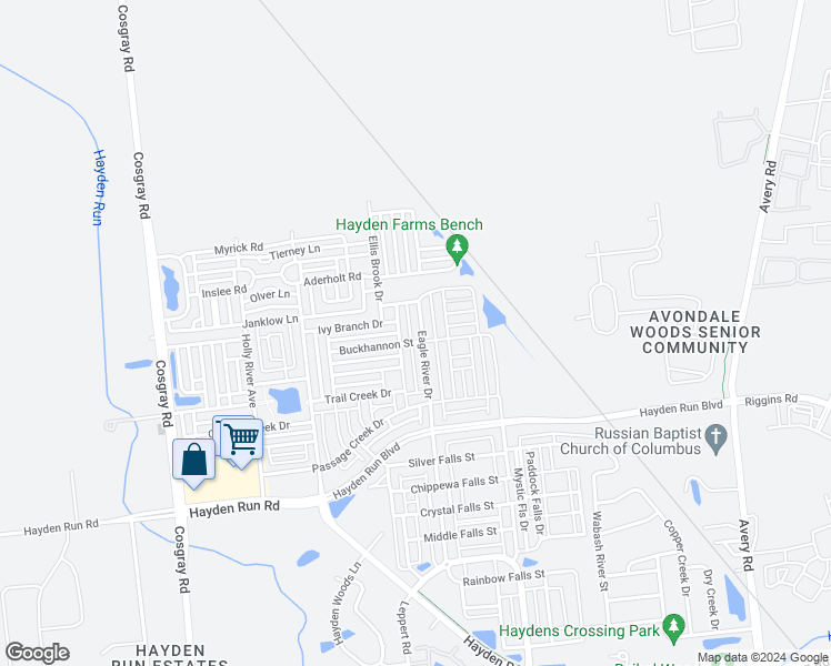 map of restaurants, bars, coffee shops, grocery stores, and more near 5577 Eagle River Drive in Hilliard