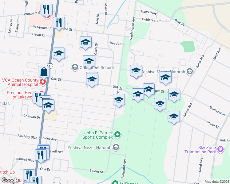map of restaurants, bars, coffee shops, grocery stores, and more near 100 Audubon Avenue in Lakewood