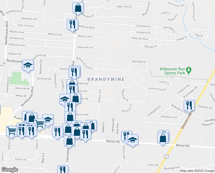 map of restaurants, bars, coffee shops, grocery stores, and more near 2695 Claridon Road in Columbus