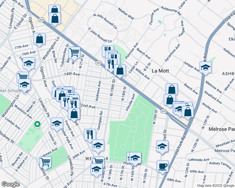 map of restaurants, bars, coffee shops, grocery stores, and more near 1823 73rd Avenue in Philadelphia