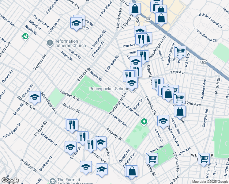 map of restaurants, bars, coffee shops, grocery stores, and more near 7434 Rugby Street in Philadelphia