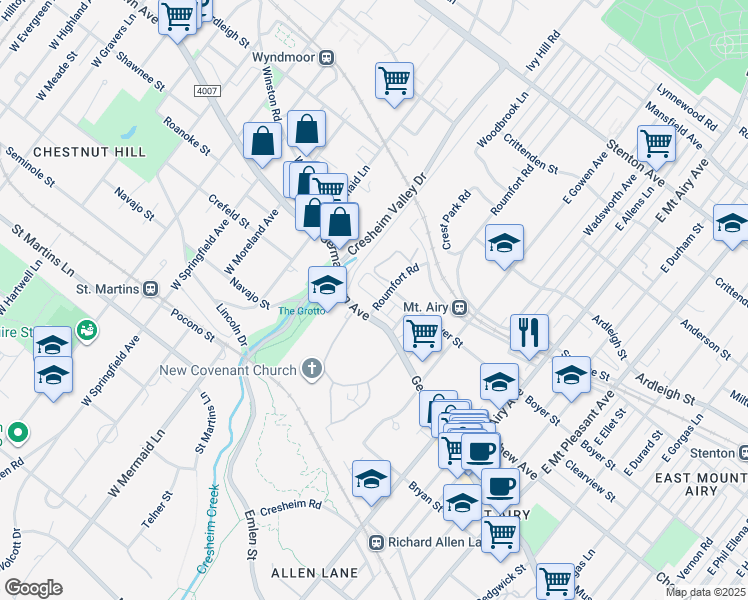 map of restaurants, bars, coffee shops, grocery stores, and more near 33 Roumfort Road in Philadelphia