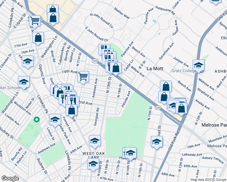 map of restaurants, bars, coffee shops, grocery stores, and more near 1823 73rd Avenue in Philadelphia