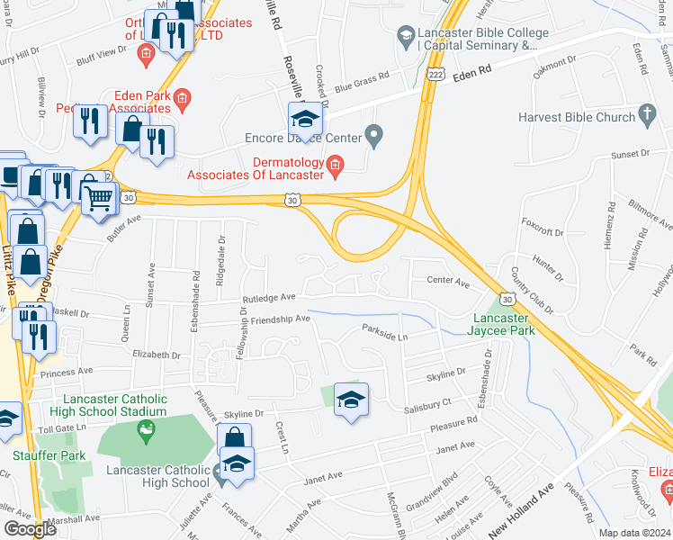 map of restaurants, bars, coffee shops, grocery stores, and more near 206 Rittenhouse Court in Lancaster