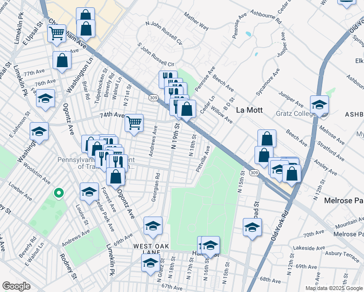 map of restaurants, bars, coffee shops, grocery stores, and more near 1827 73rd Avenue in Philadelphia