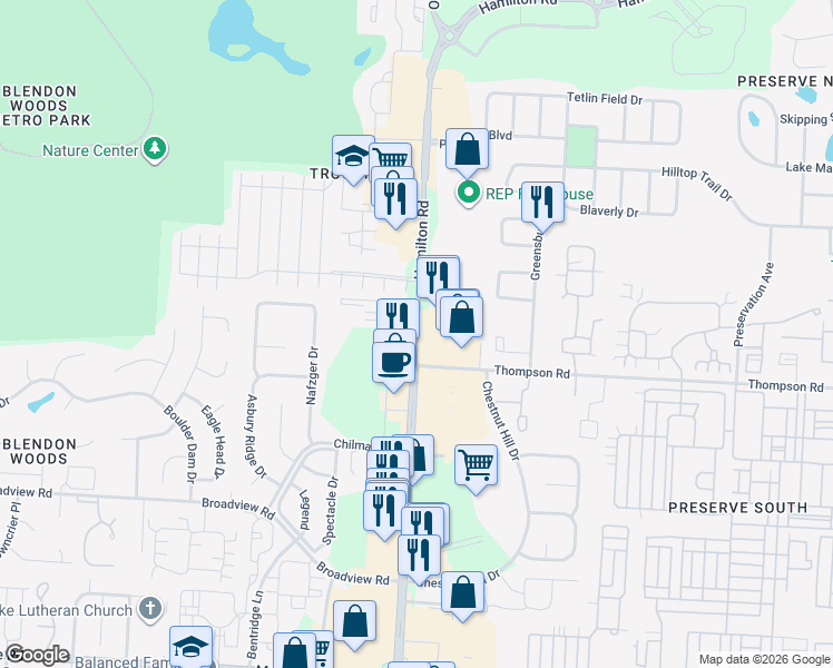 map of restaurants, bars, coffee shops, grocery stores, and more near 5354 North Hamilton Road in Columbus