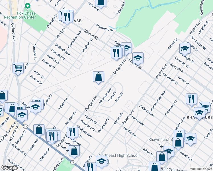 map of restaurants, bars, coffee shops, grocery stores, and more near 7837 Dungan Road in Philadelphia