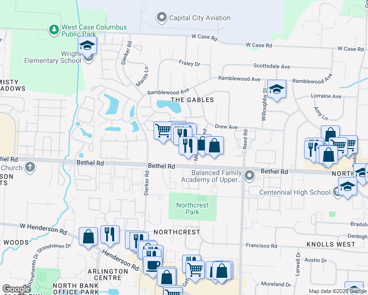 map of restaurants, bars, coffee shops, grocery stores, and more near 2054 Crown Plaza Drive in Columbus