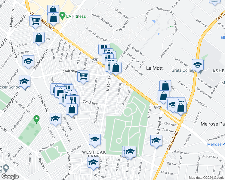map of restaurants, bars, coffee shops, grocery stores, and more near 1827 73rd Avenue in Philadelphia