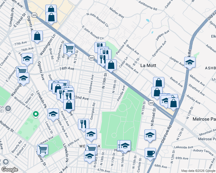 map of restaurants, bars, coffee shops, grocery stores, and more near 1843 Elston Street in Philadelphia