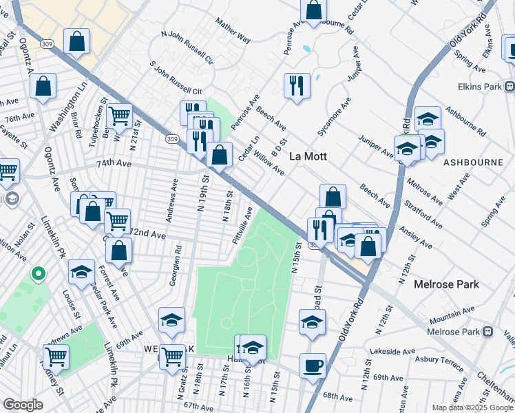map of restaurants, bars, coffee shops, grocery stores, and more near 1636 West Cheltenham Avenue in Philadelphia