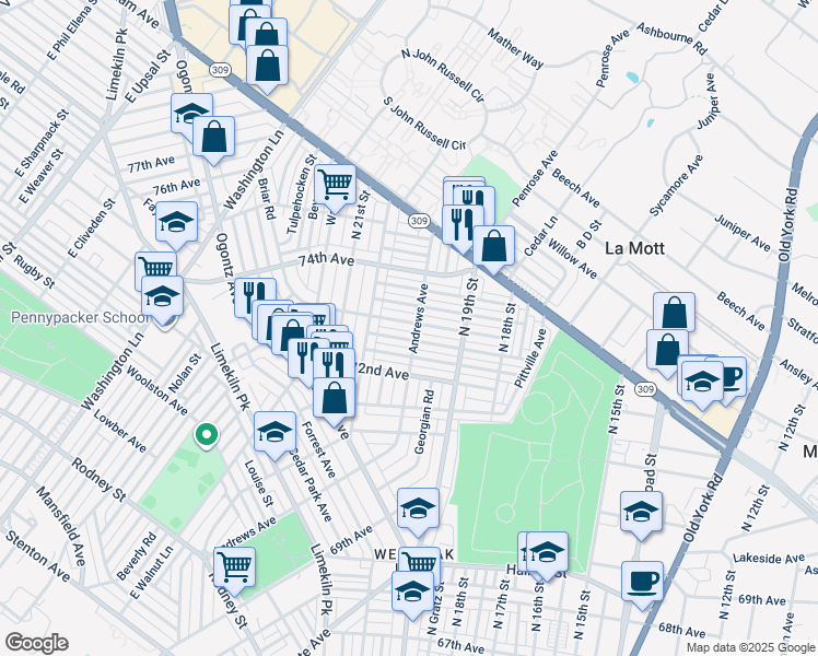 map of restaurants, bars, coffee shops, grocery stores, and more near 1956 73rd Avenue in Philadelphia
