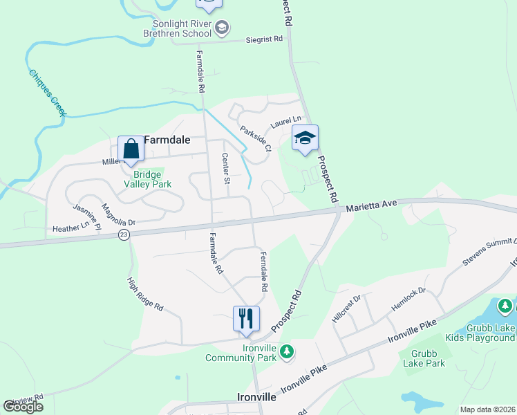 map of restaurants, bars, coffee shops, grocery stores, and more near 805 Hilltop Drive in Mount Joy